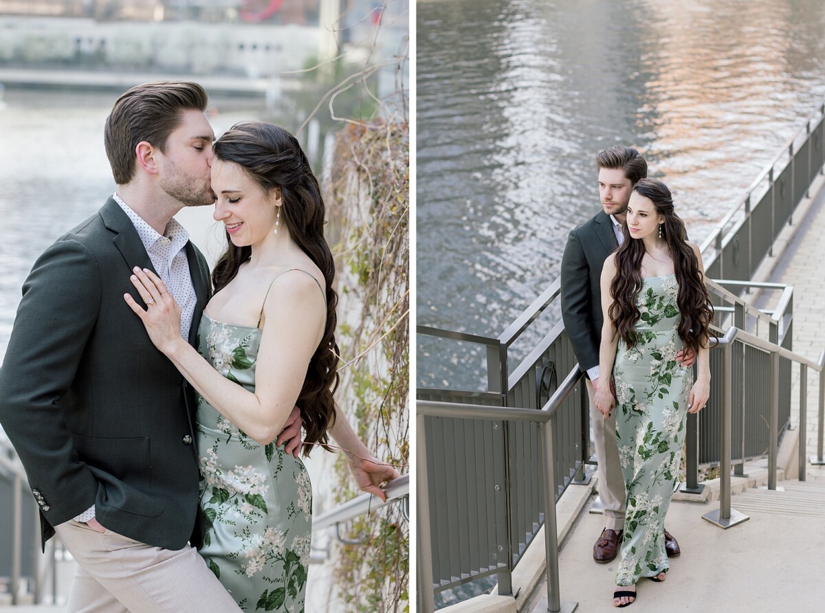 Couple cuddling alongside the Chicago Riverwalk during their Chicago Riverwalk Engagement Photoshoot Downtown Chicago-Photographed by Chicago Wedding Photographer Erica Melissa