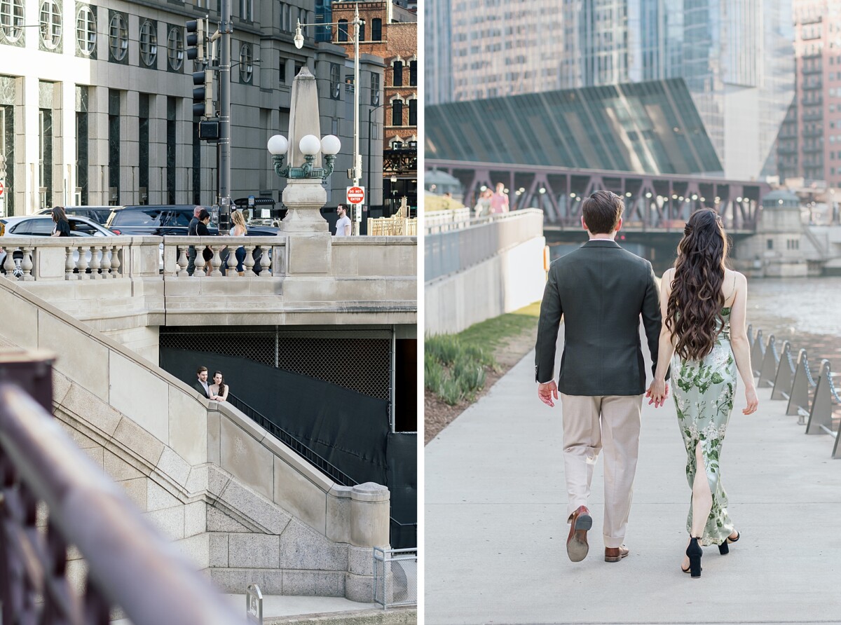 Engaged couple taking a walk alongside the Chicago Riverwalk during their Chicago Riverwalk Engagement Photoshoot Downtown Chicago-Photographed by Chicago Wedding Photographer Erica Melissa
